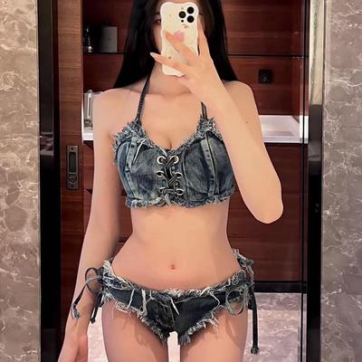 Costume da bagno intero rétro in denim a tre pezzi per donna
