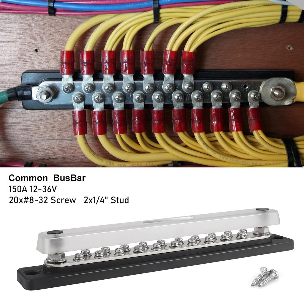 20 Way 150A 36V DC Bus Bar Heavy Duty for Car RV Black Power Distribution Block with Cover Terminal for Marine Boat Solar Truck