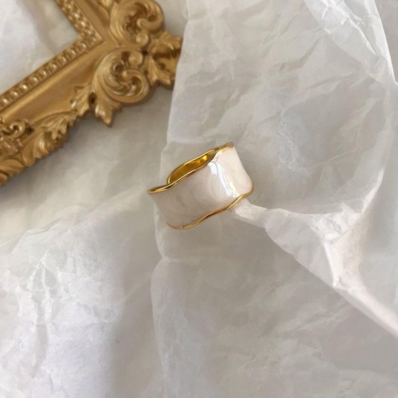 Korean Geometric Irregular Enamel Wave Ring - Adjustable Open Wide Edge for Women Adjustable Open