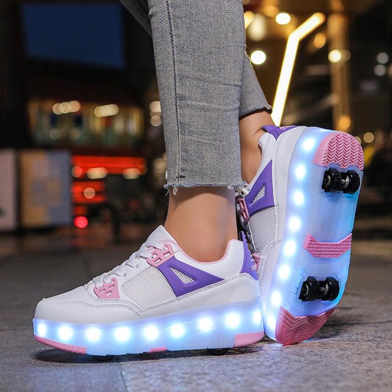 Student Skating Shoes Rotating Button Four Wheel Skate Roller Shoes Roller Skating Removable Kids Glowing Sneakers
