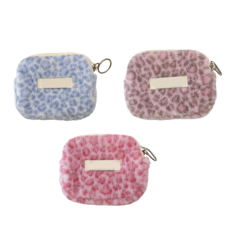 Plush Leopard Print Multifunctional Storage Pouch with Smooth Zippers for Organizing ID Cards Coin Keys and Small Items
