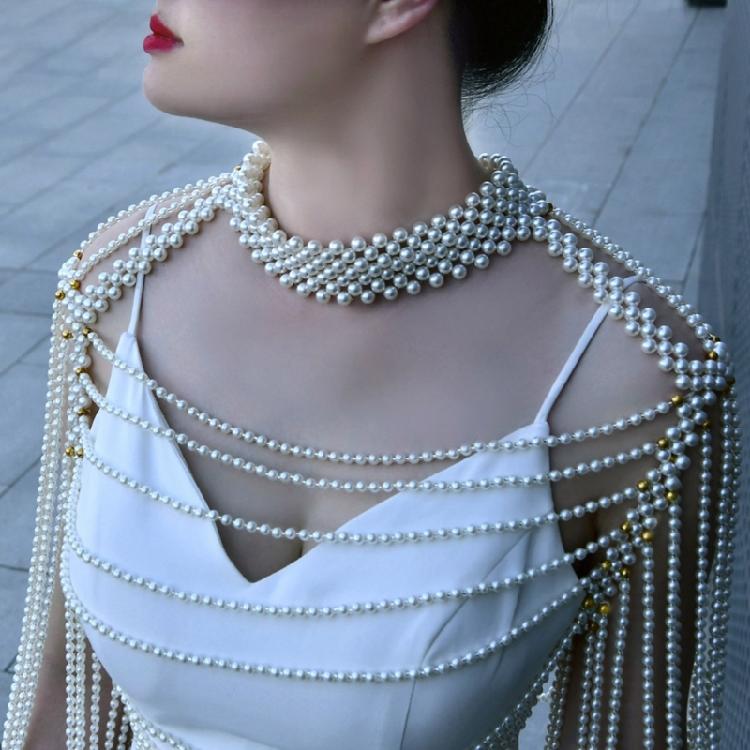 Long Shoulder Chain Sexy Wedding Dress Body Jewelry Pearl Body Chain for Women