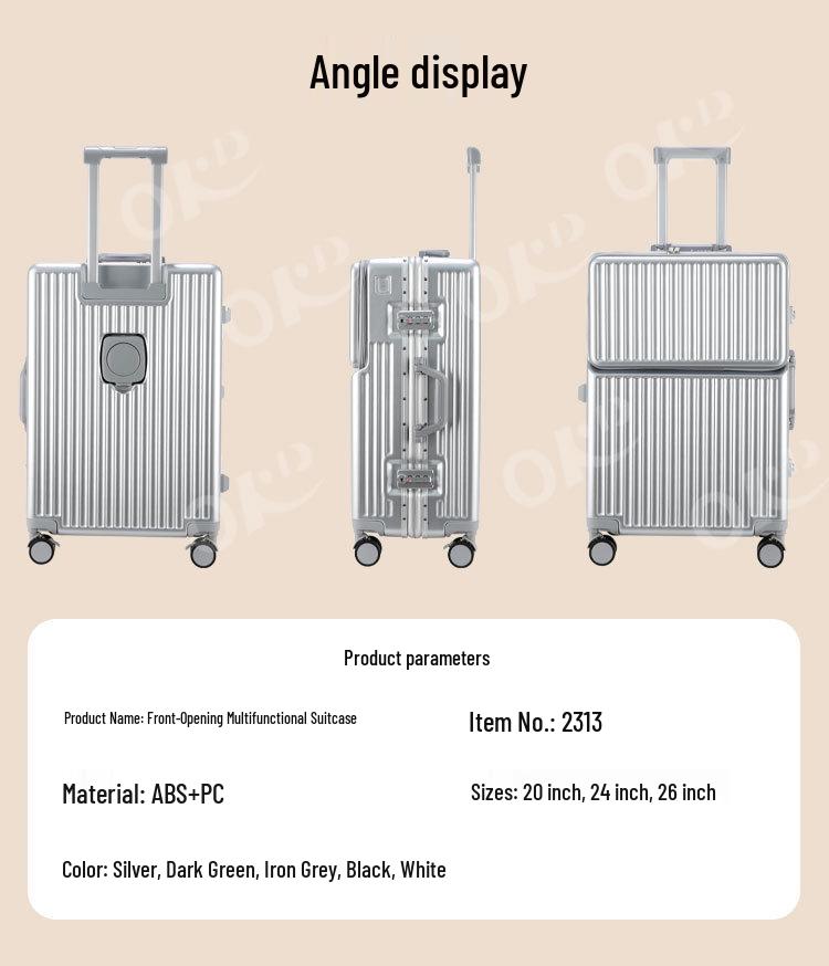 Front-Opening Drop-Resistant Aluminum Frame Suitcase, 20" & 24" Sizes, for Men & Women Travel