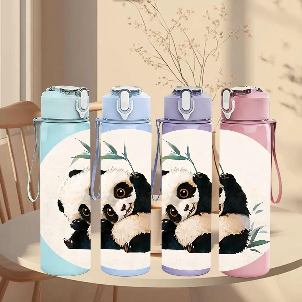 1PC Ink Wash Painting Panda Bamboo Pattern 750ml Color Plastic Sports Water Bottle Leakproof Flip Straw Lid Suitable for Sports Office Home Use