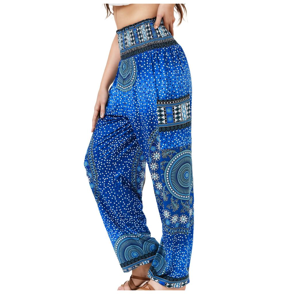 Women's Casual Flare Pants with Striped Digital Print – Trendy Boho Style