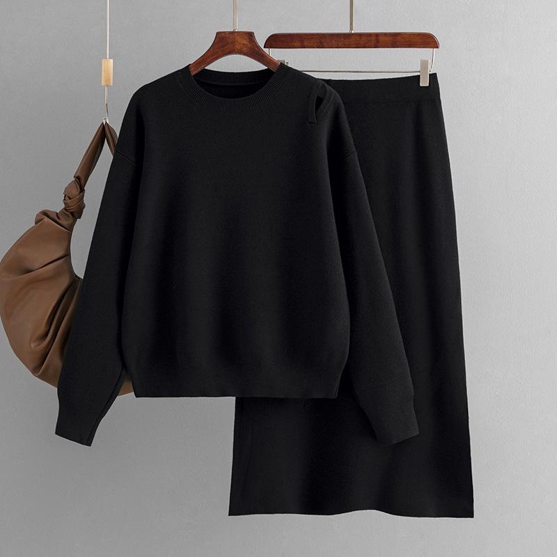 Autumn And Winter Loose Round Neck Sweater Skirt Set Casual Loose Knit Two Piece Set