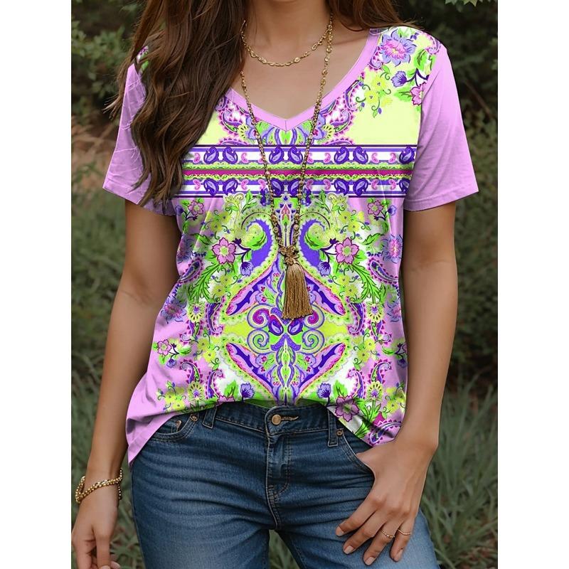 Yazlık Kadın Retro Etnik Baskılı Tişört V Yaka Kısa Kollu Sokak Günlük Üstler Aralarından Seçilebilecek Çoklu Stil ve Beden