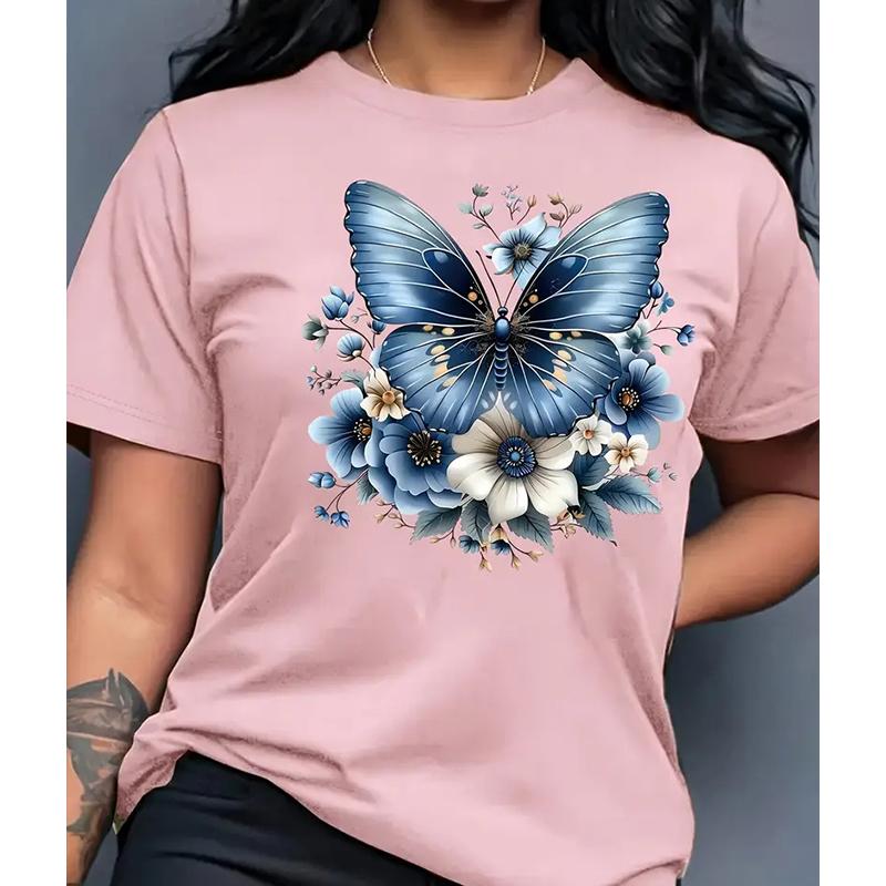 

Женская летняя футболка в стиле ретро, модная, с коротким рукавом, повседневная, с принтом бабочки 8XL розовый