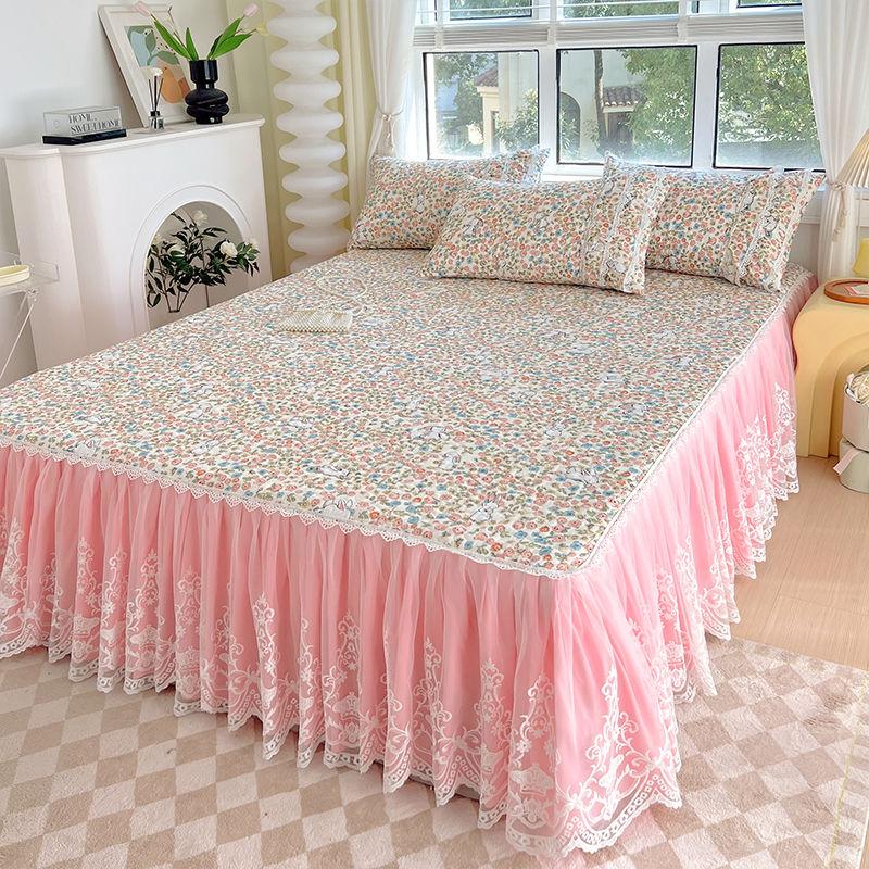 Saia de cama acolchoada estampada pastoral francesa, renda bordada, colcha grossa, roupa de cama à prova de poeira com lençol de algodão antiderrapante
