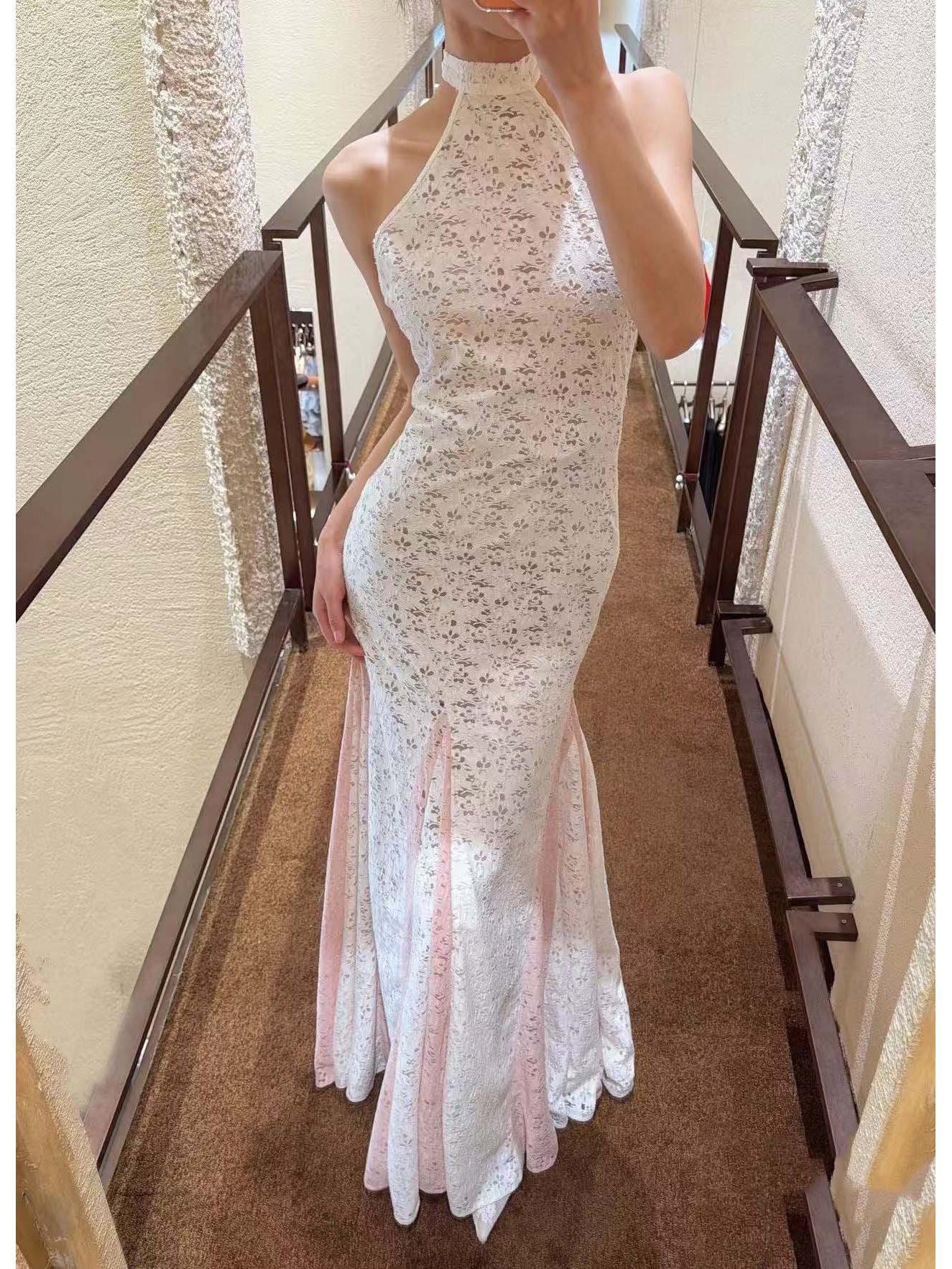 26 Early Spring Fishtail Lace Halter Gown: New Chinese Style Formal Dress Medium белый