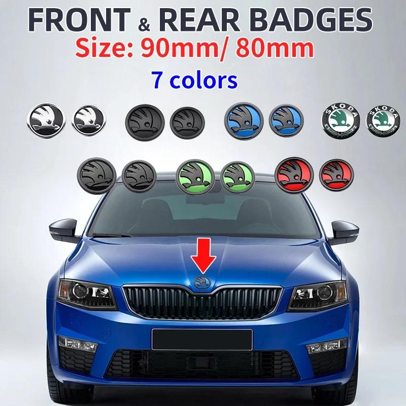 2025 New 2pcs 80mm/90mm 3D Car Emblem Badge Hood Front Rear Trunk Logo For Skoda Fabia 1 2 Octavia A7 RS Superb Rapid Yeti Karoq