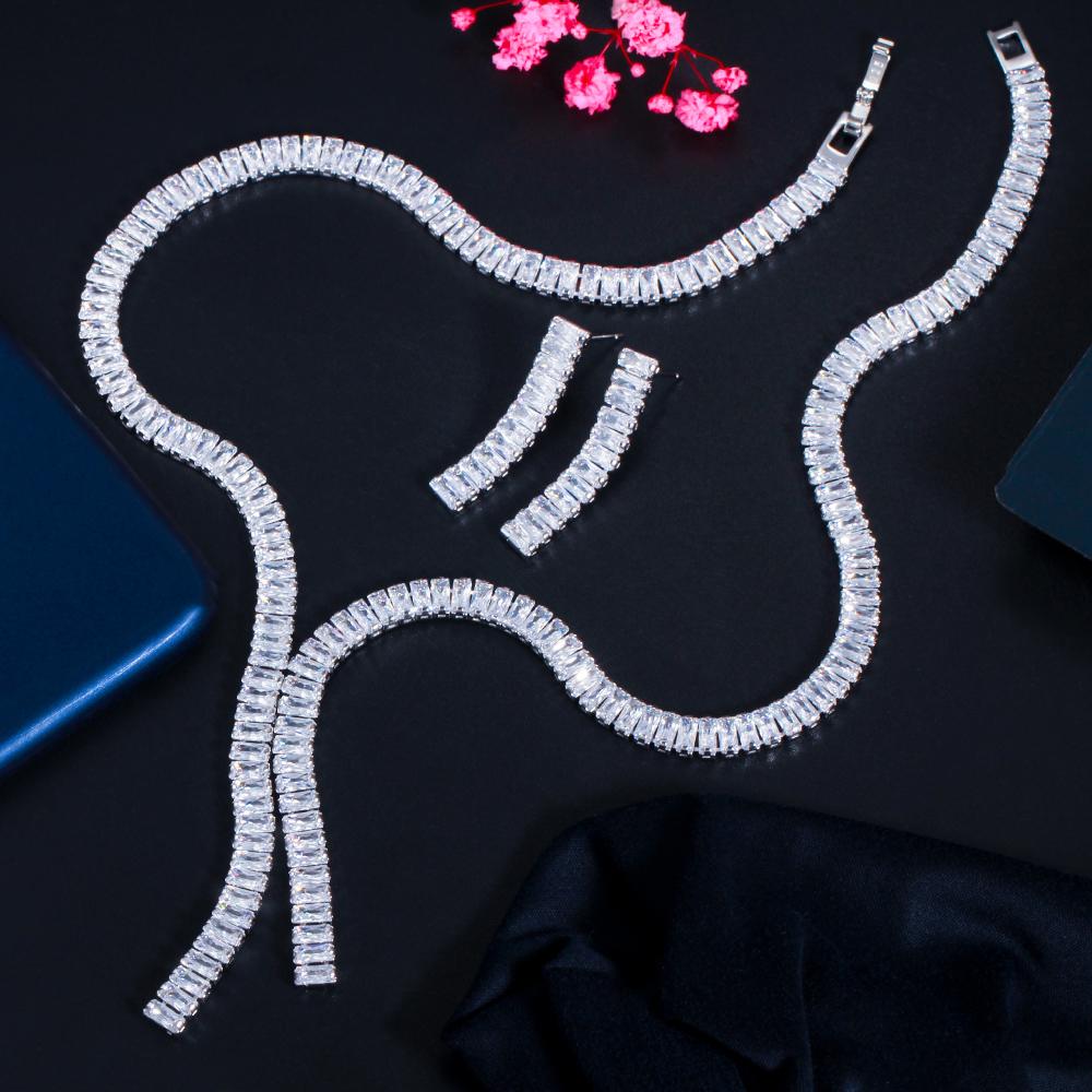 CMM Shiny Cubic Zirconia Elegant Long Dangling Drop Tassel Wedding Costume Necklace Brides Jewelry Sets for Women
