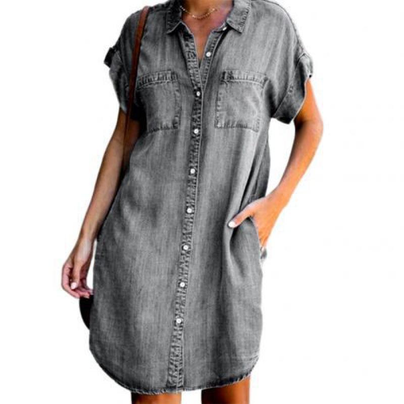 Women s Turn Down Collar Short Sleeve Denim Shirt Dress Casual Loose Tunic Dress S