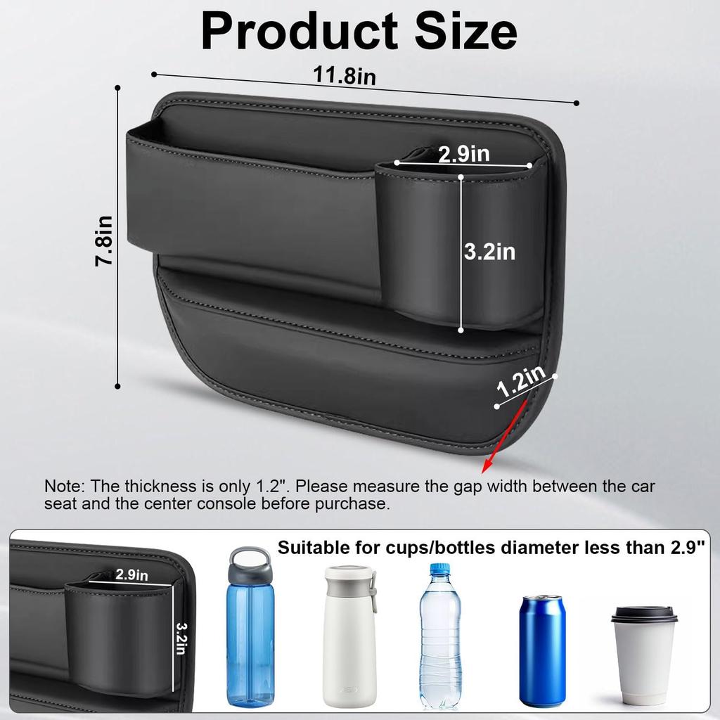 Car Seat Gap Filler Organizer With Cup Holder, 2 Pack Adjustable Leather Car Side Seat Storage Box, Multifunction Interior Storage Organizer For