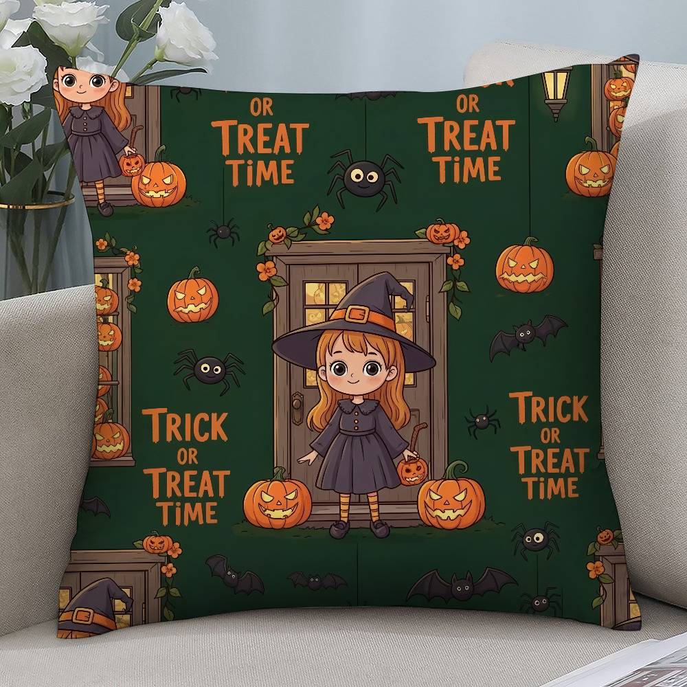 Halloween Cartoon Witch Pillow Case Short Plush Double-Sided Print Square Throw Pillow Covers Sofa Home Cushion Decor