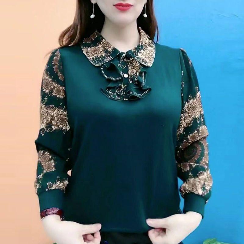 Casual Vintage Printed Shirt Commute Peter Pan Collar Button Spring Autumn Women's Clothing Fashion Ruffles Spliced Loose Blouse