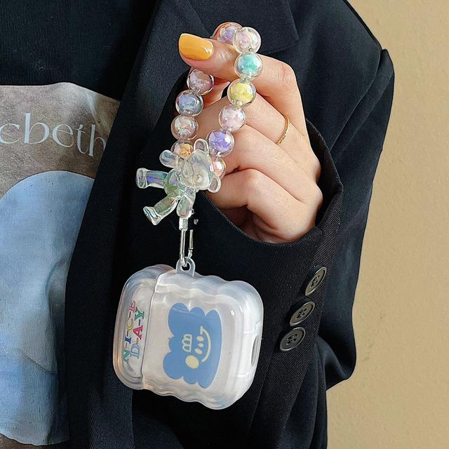 

Прозрачный волнистый мягкий чехол IMD для Apple Airpods Pro 1 2 3 Box Blue Heart Smiley, чехол для наушников, милый браслет с подвеской в ​​виде медведя, браслет-конфетка For AirPods 1 or 2