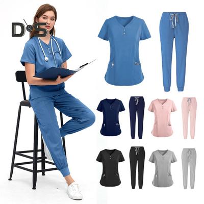 2Pcs/Set Unisex Hospital Uniform Set V-neck Short Sleeve Pockets Tops Elastic Waist Pants Set Quick Drying Hospital Dental Nursing Scrubs Uniforms