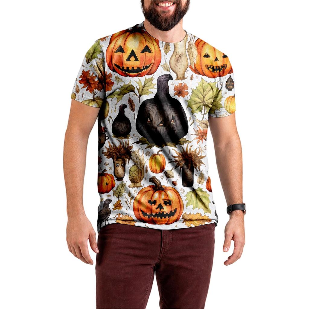 Halloween All Over Print T Shirt, Cute Pumpkin Graphic Tee for Women Men