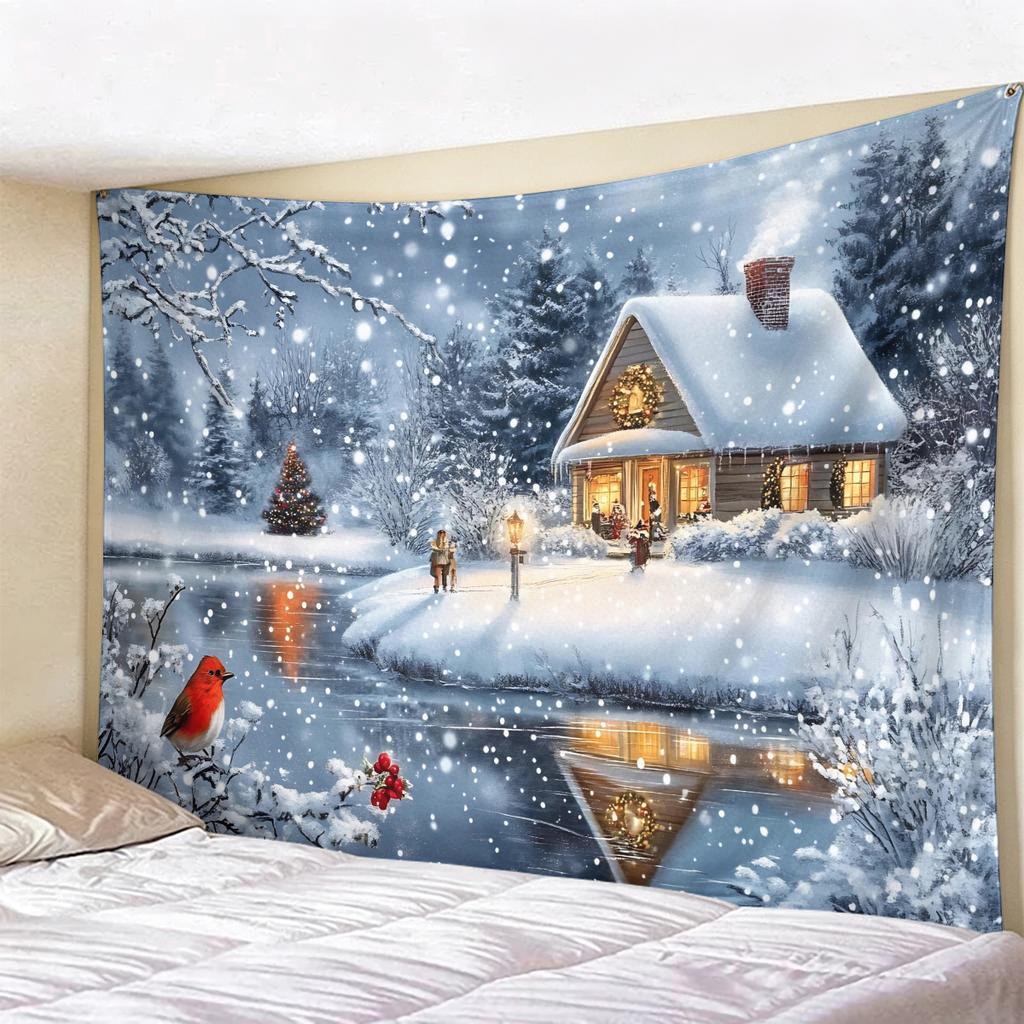 Christmas Tapestry Winter Snow Scene Wall Hanging, Holiday Decor for Bedroom Living Room, Cozy Festive Backdrop for Xmas