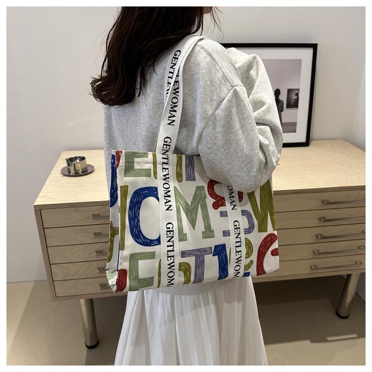Casual Stylish Yet Canvas Tote Bag With Beautiful Letter Prints And Soft Structure Medium