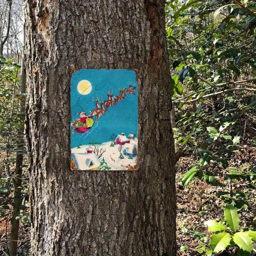 Vintage Santa Metal Tin Sign Wall Art Christmas Sleigh Reindeer Winter Decor for Home Bar Cafe Indoor Outdoor Holiday Gift