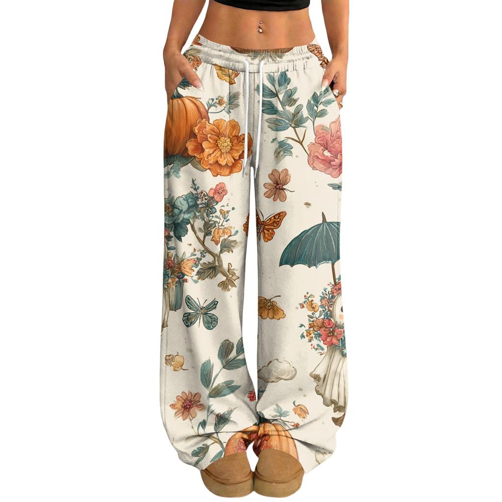 Women's Casual Halloween Print Wide Leg Pants with Elastic Waist and Drawstring for Loose Fit
