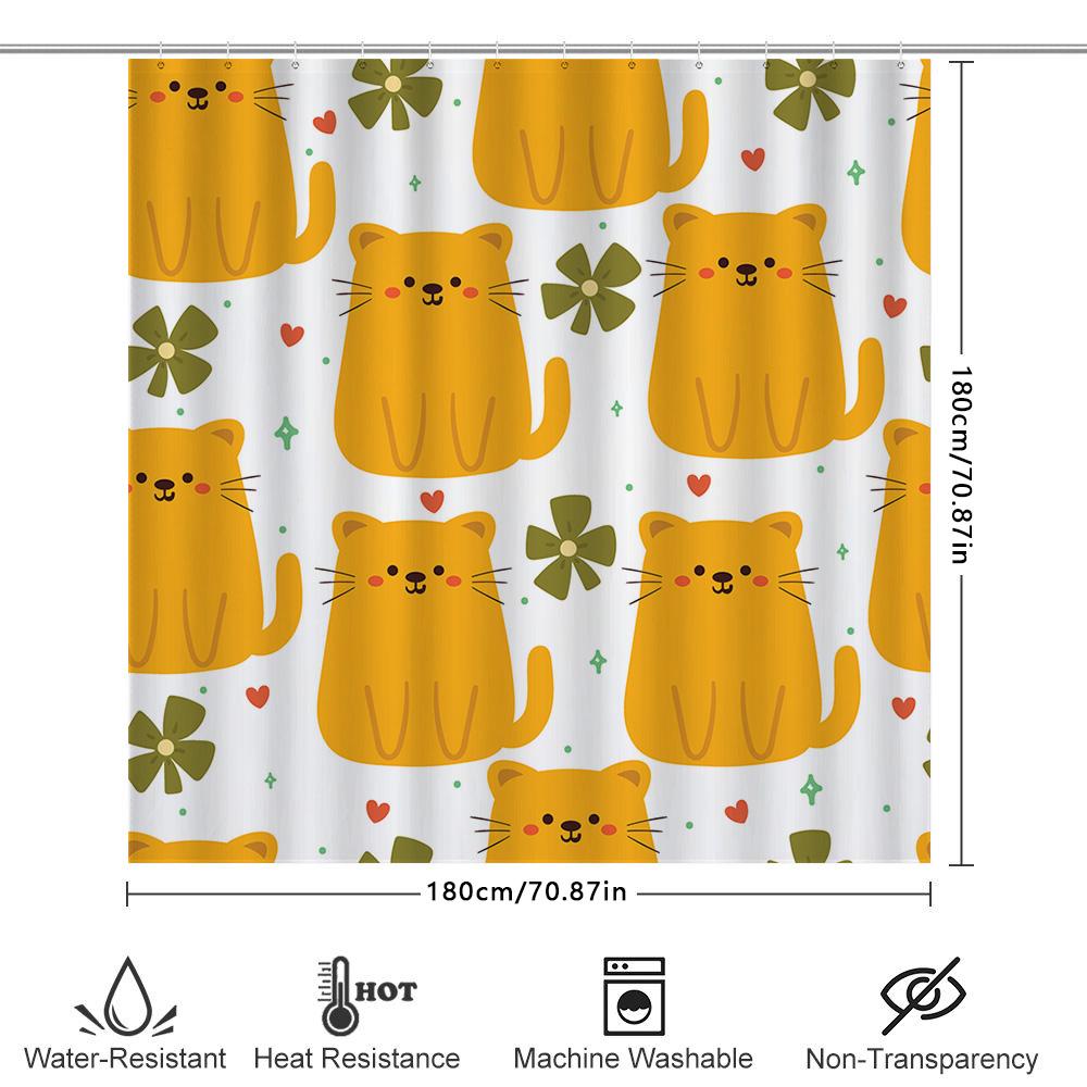 Bright Yellow Cat Shower Curtain With Cute Cartoon Patterns Modern Bathroom Decor For Kids Room Or Bathing Area (180X180Cm)