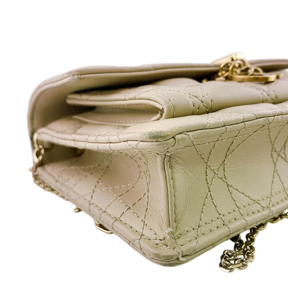 Christian Dior Logo Leather Lady Dior Wallet Chain Beige Leather Used