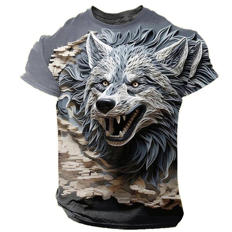 Lustiges T-Shirt mit 3D-Wolfsmuster für Männer, Hip-Hop-Trend, Harajuku, Streetwear, Mode, Animal-Print, lässiges T-Shirt mit O-Ausschnitt und kurzen Ärmeln
