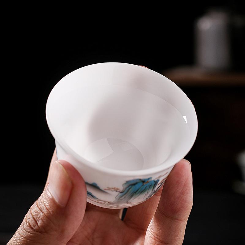 Hand-Painted Ceramic Landscape Teacup - Ice-Type Mutton Fat Jade Finish, Kung Fu Tea Set