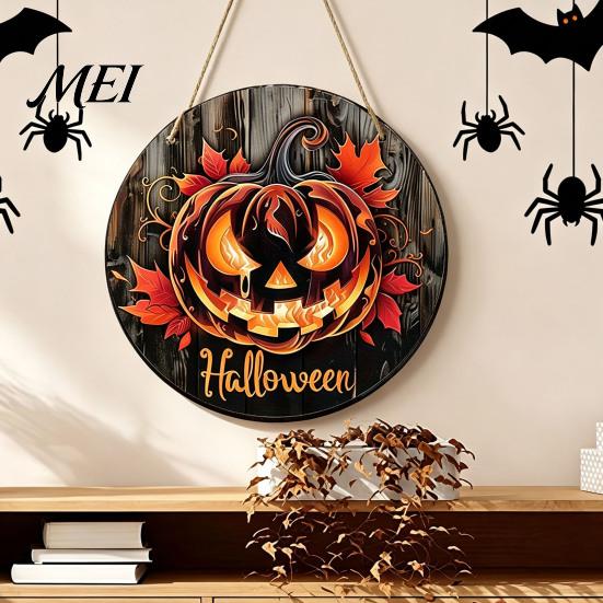 Rustic Fall Wall Plaque Halloween Wooden Door Hanger Sign, Flame Pumpkin Maple Leaf Printed Round Hanging Plaque, Vintage Style Holiday Sign