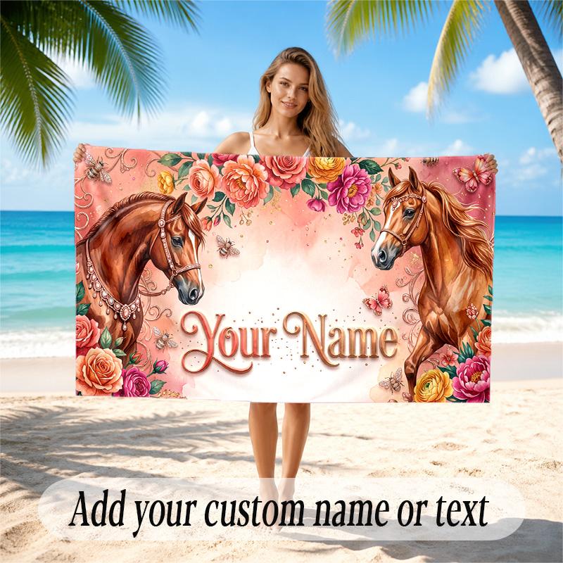 Horse Theme Quick Dry Beach Towel Custom Name Text Print Large Sand Resistant Towel Beach Vacation