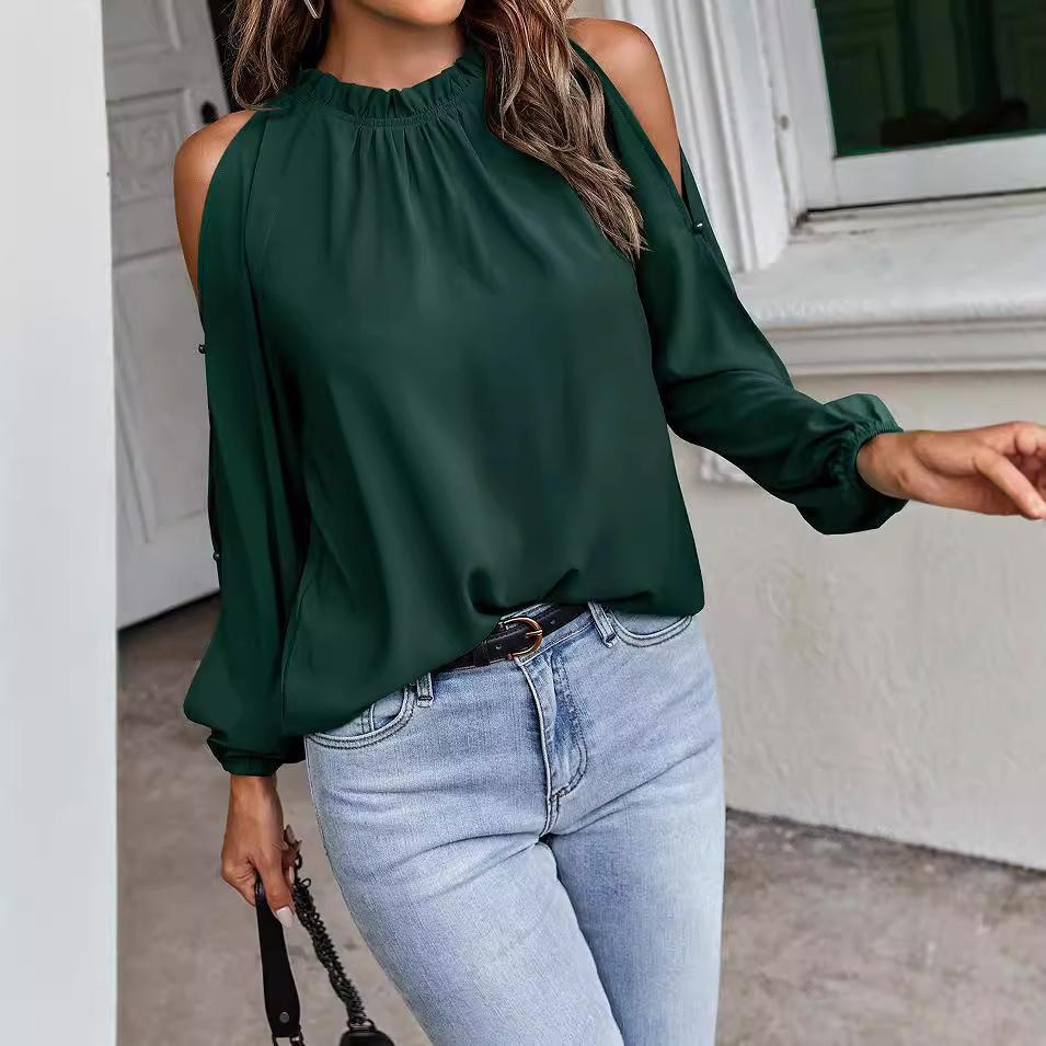 Women's Off Shoulder Long Sleeve Blouse with Ruffled Neckline and Button Detail, Deep Green