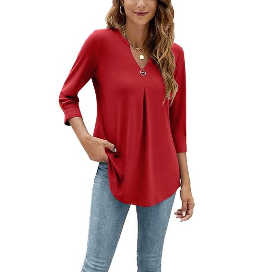 T-shirt da Donna Scollo a V Manica 3/4 Vestibilità Larga Traspirante T-shirt Colore Solido Pieghe Top di Media Lunghezza per Uso Quotidiano