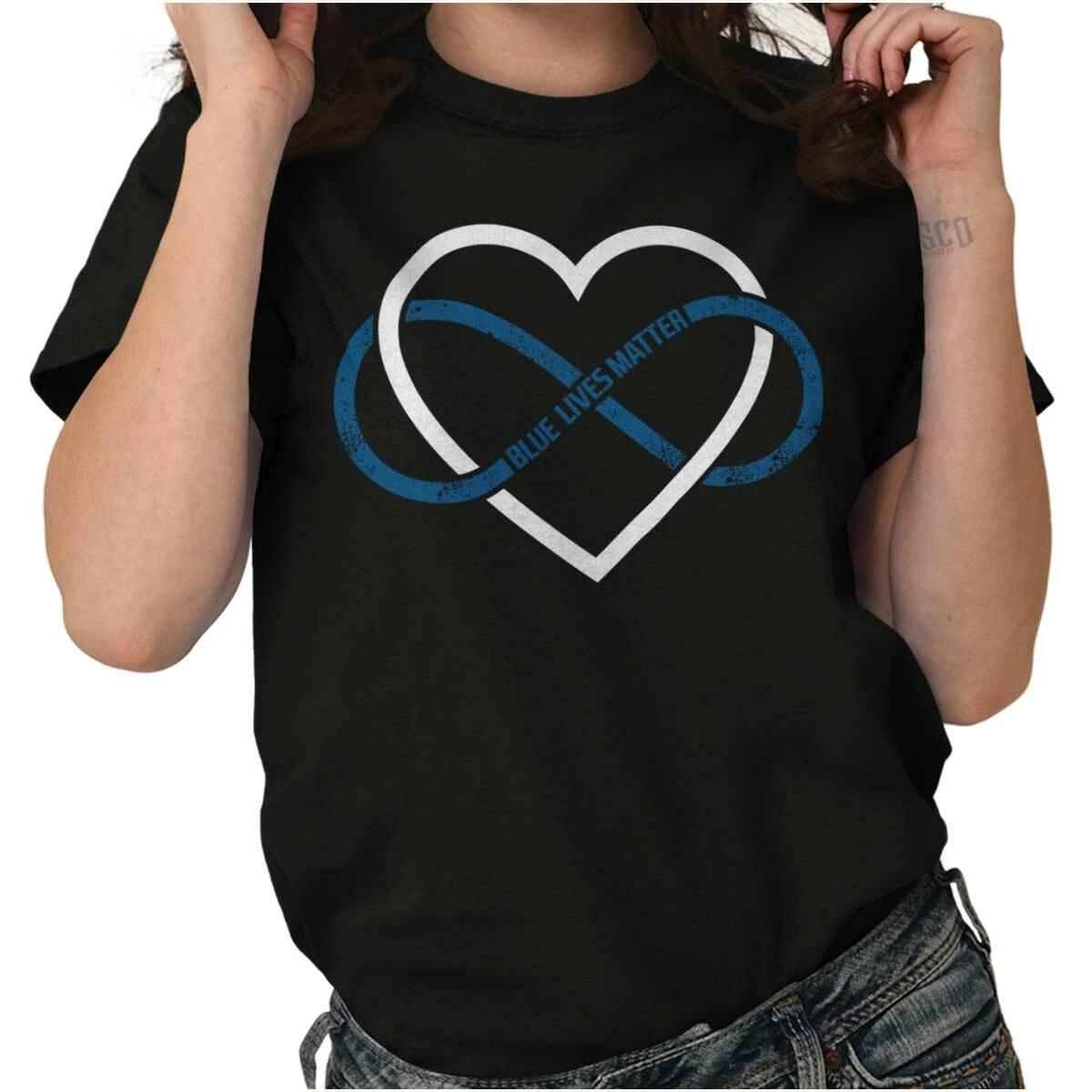 Blue Lives Matter Infinity Thin Line Police Womens Graphic Crewneck T Shirt Tee M