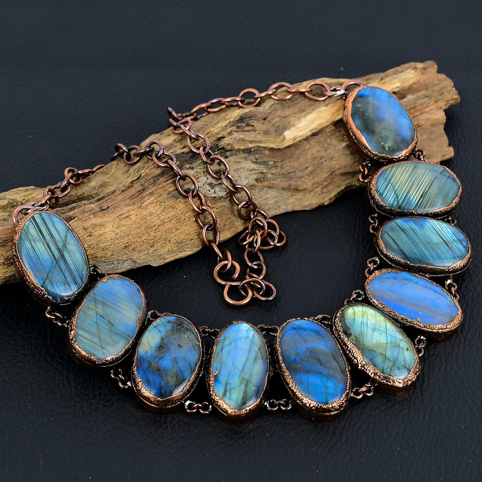 

Labradorite Handmade Gemstone Necklace, Copper Electroformed Antique Jewelry Adjustable Chain Necklace, For Engagement Gift