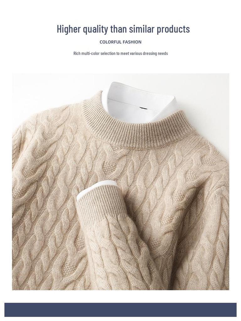 Men's Thickened Pure Wool Half-High Collar Cable Knit Sweater - Autumn Winter Loose Business Casual Base Layer