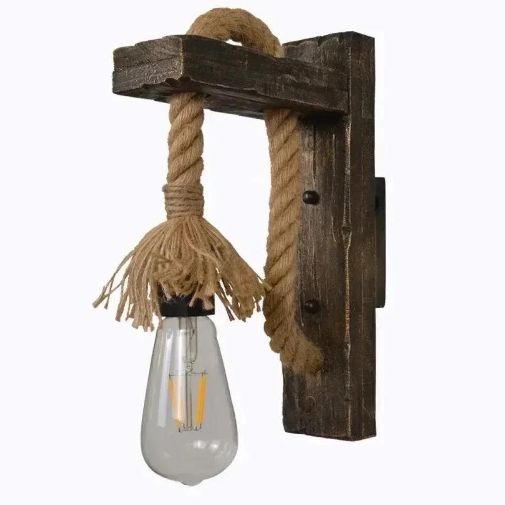 Retro Natural Wood Hemp Rope Wall Light Retro Industrial Wall Pendant Lamp for Bar Bedside Restaurant Bedroom Coffee American