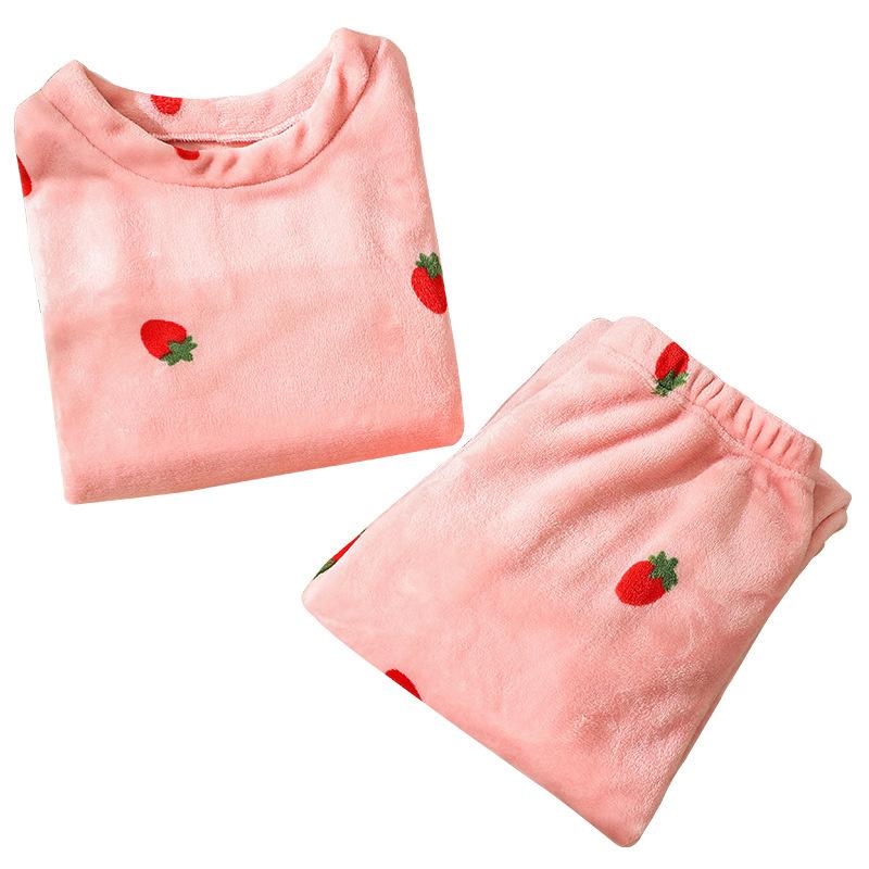 2pcs/Set Women's Coral Velvet Strawberry Padded Thickened Ambient Pajamas Fall and Winter Warm Home Wear Student Pajamas Girls