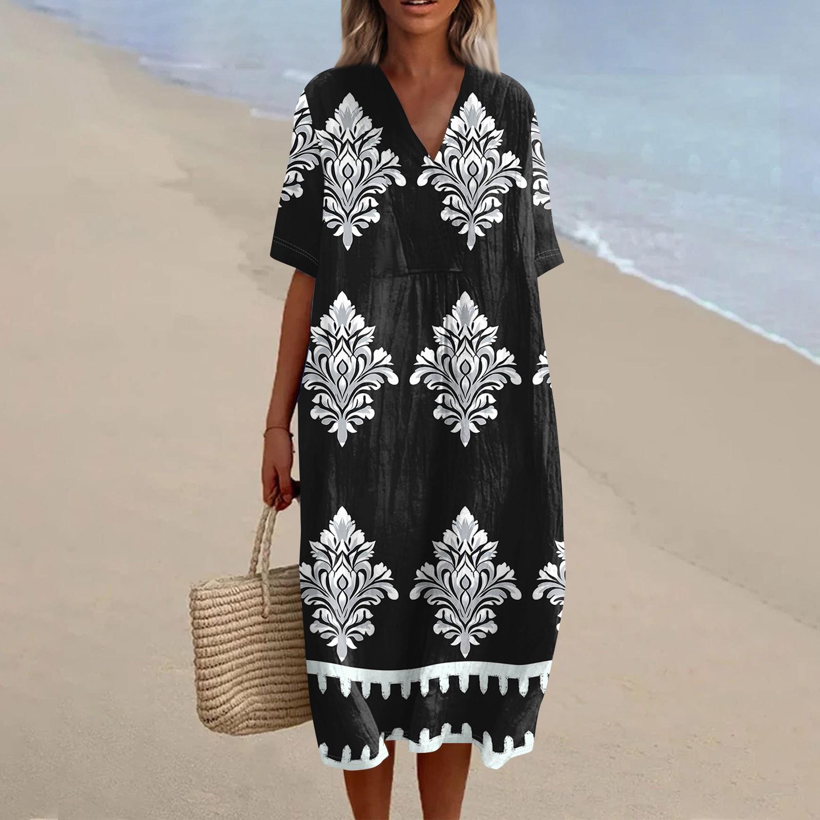 

Женское свободное повседневное модное платье с V-образным вырезом и принтом, пляжная юбка M чёрный