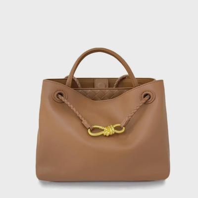 2024 Autumn/Winter Women's Flat Leather Shoulder Bag with Metal Knot Buckle - Large Capacity Crossbody Handbag