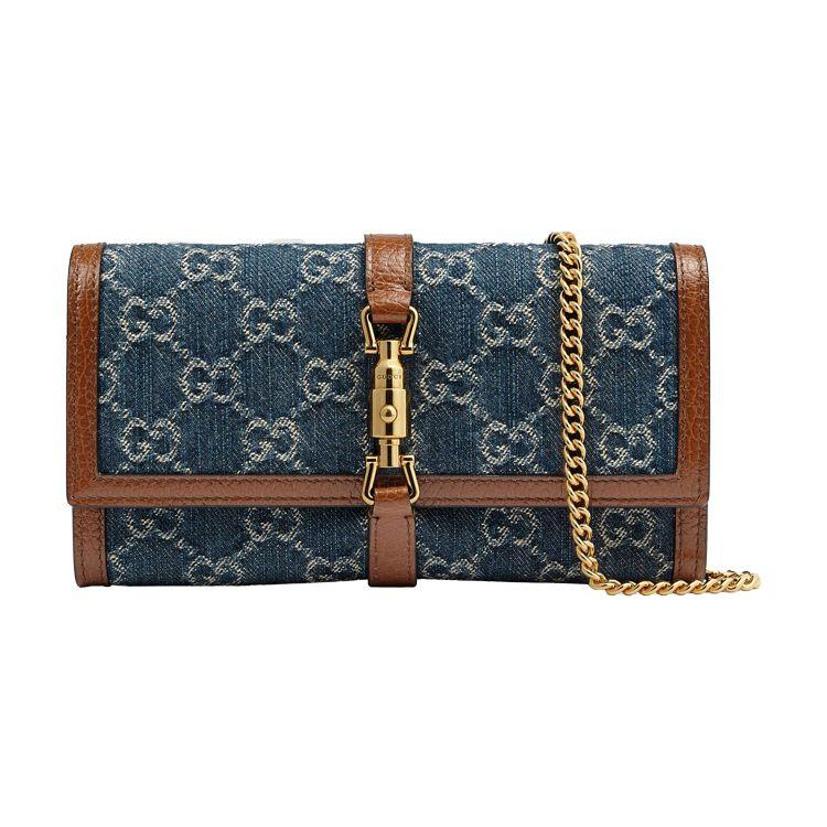 Gucci Jackie 1961 Gold Lock Monogram Canvas And Leather Chain Wallet On Chain Women Shoulder Bag Blue Brown 652681-2KQGG-8375
