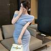 Summer Korean Style Pure Desire Sexy Slant Neck Dress for Women, Off-shoulder Slimming Versatile Hip-hugging Mid-Length Dress