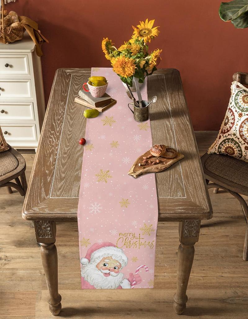 Christmas Santa Claus Pink Snowflake Linen Table Runner Party Decor Winter Xmas Kitchen Table Runner Christmas Decorations