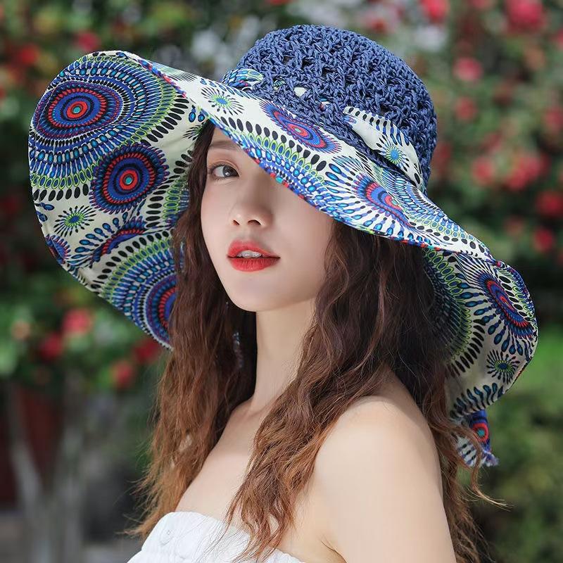 Cappello di Paglia Donna Protezione Solare Ombrellone Spiaggia Mare Ampia Falda Stile K Vacanza Viaggio Cappello Sole Cappello Anti-sole