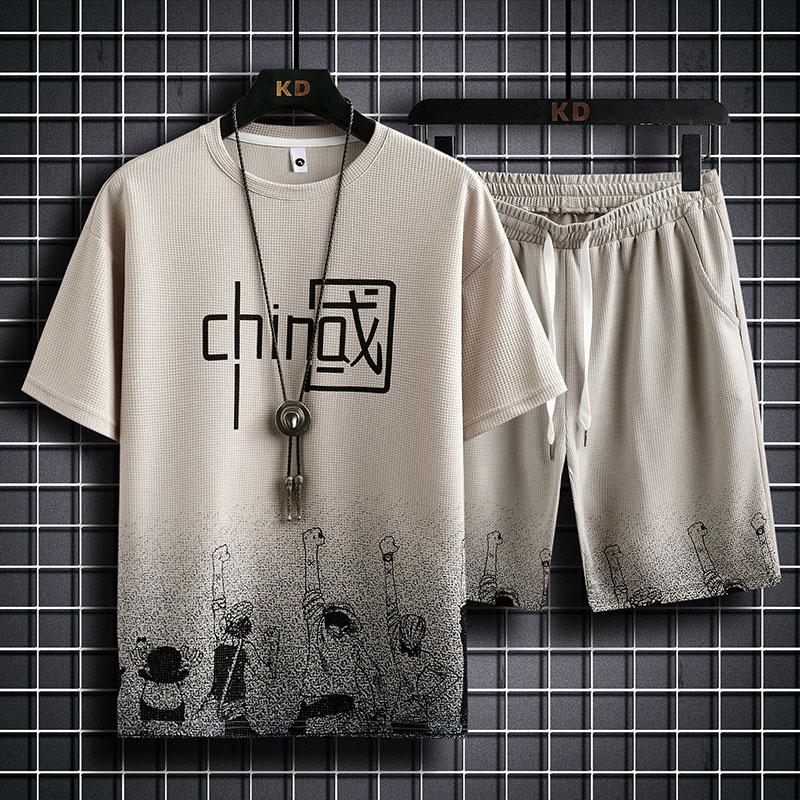 Sommer Herren Zweiteilige Sets Anime Print T-shirt + Shorts Anzüge Gradienten Leinen Stoff Casual Anzug männer Kurzarm trainingsanzug Set