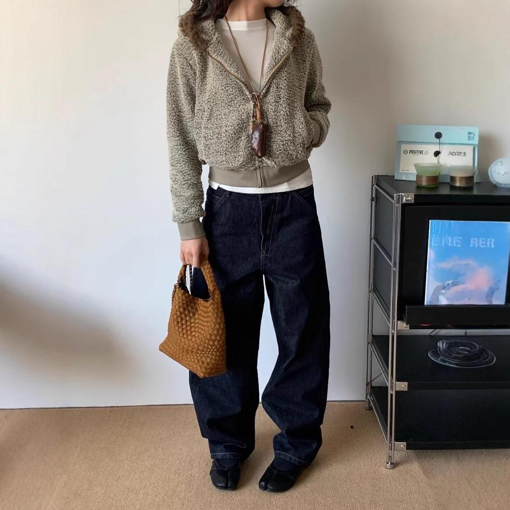 A3 Blugi Retro Denim Largi cu Picior Lat: Culoare Originală, Neutru, Talie Medie-Înaltă, Croială cu Biberon pentru Femei