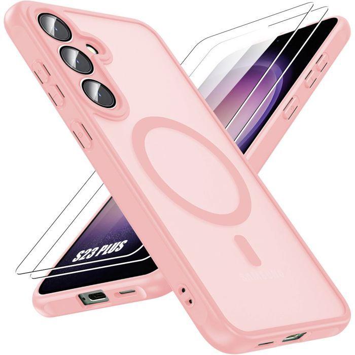 Case for Samsung Galaxy S23 Plus, with Magnetic Ring and Camera Glass - Pink - 2 Tempered Glass