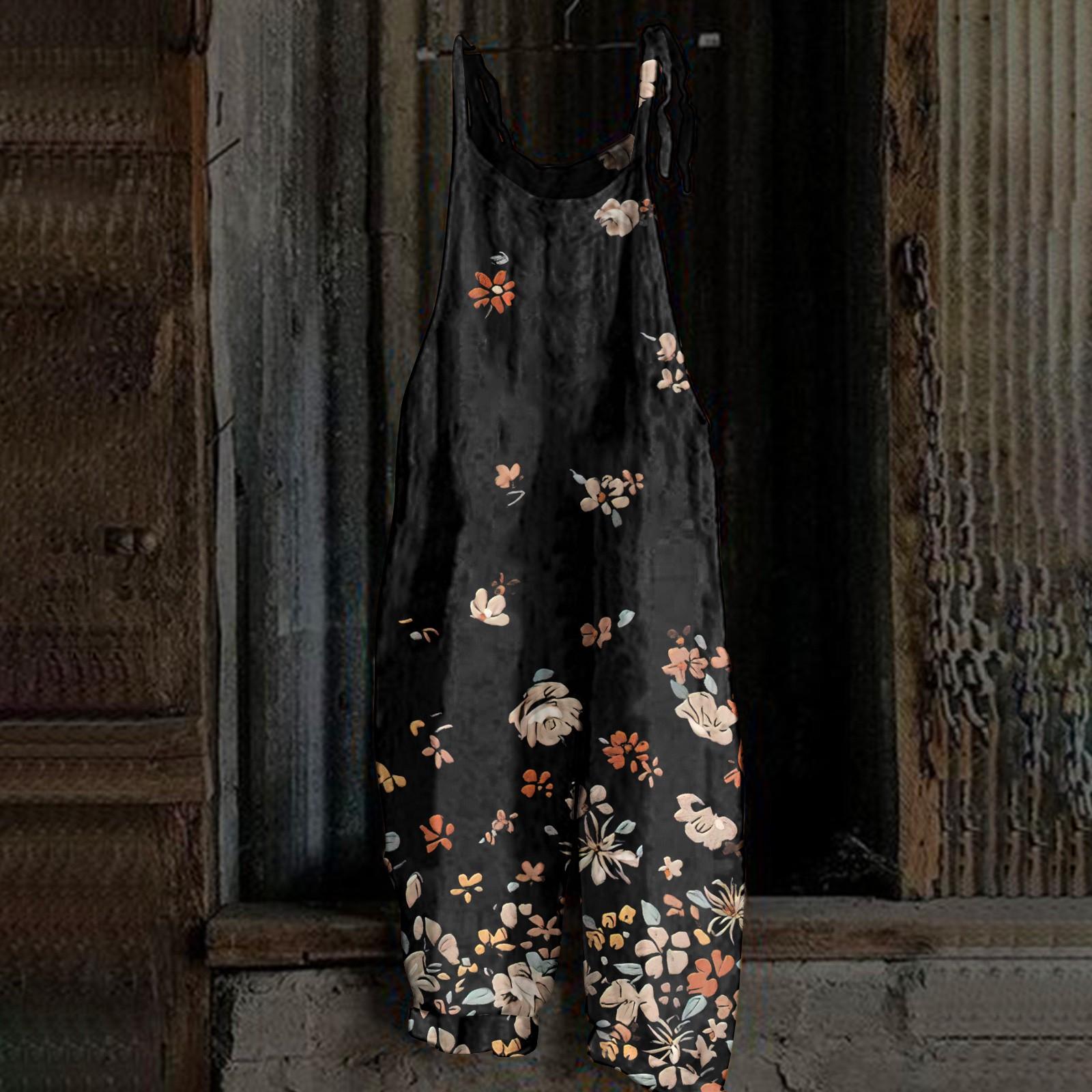 

Женский комбинезон с принтом, повседневный, свободный, винтажный, с бретельками, из хлопка и льна XXXL чёрный